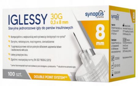 Iglessy igły do penów insulinowych 30G 0,3 x 8mm, 100 sztuk